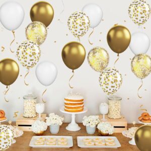 GREMAG White and Gold Balloons, 12inch Metallic Gold White Confetti Gold Balloon Kit with Ribbons, 60Pcs Latex Balloons for Birthday Wedding Engagement Bridal Shower Anniversary Graduation Baby Shower