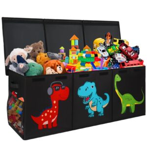 extra large toy box, collapsible sturdy toy storage organizer with lids, dinosaur toy box for boys girls, 40"x16"x16" kids toy chest bin box baskets for living room, playroom, bedroom, nursery, black