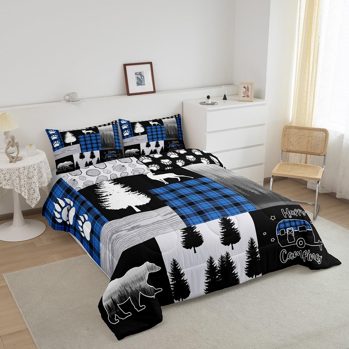 Deer Kids Comforter Set Full Size,Bear Hunting Woodland Rustic Cabin Bedding Set for Boys Girls Adult,Camping Adventure Geometric Plaid Patchwork Down Comforter,Pine Tree Xmas Duvet Insert Blue Black