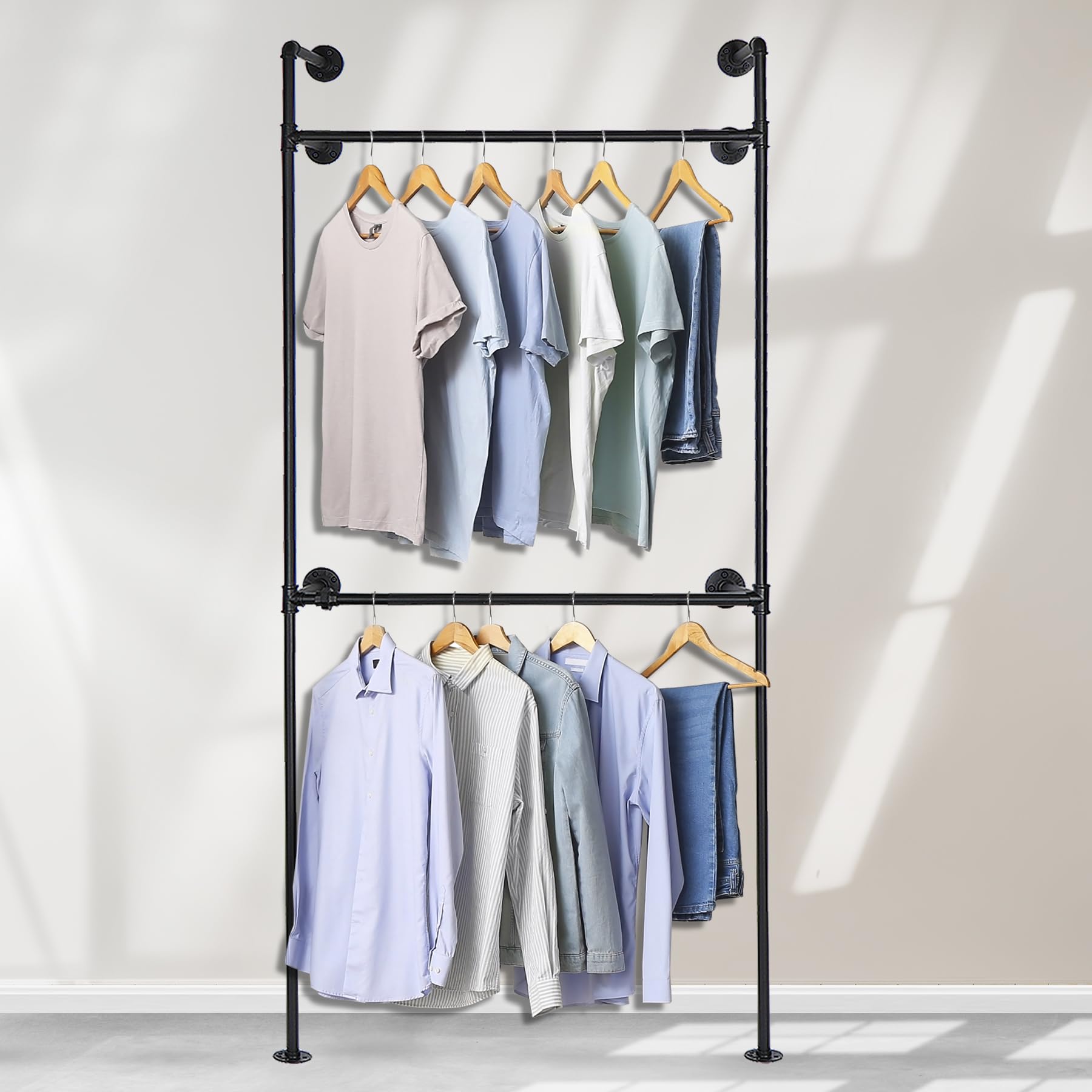 Toriexon Industrial Pipe Clothing Rack Metal, Minimalist Retro Walk-in Closet System, Heavy Duty Wall Mounted Industrial Pipe Closet Organizer (2 Tier, 88.58" H x 39.37”W x 9.84" D)