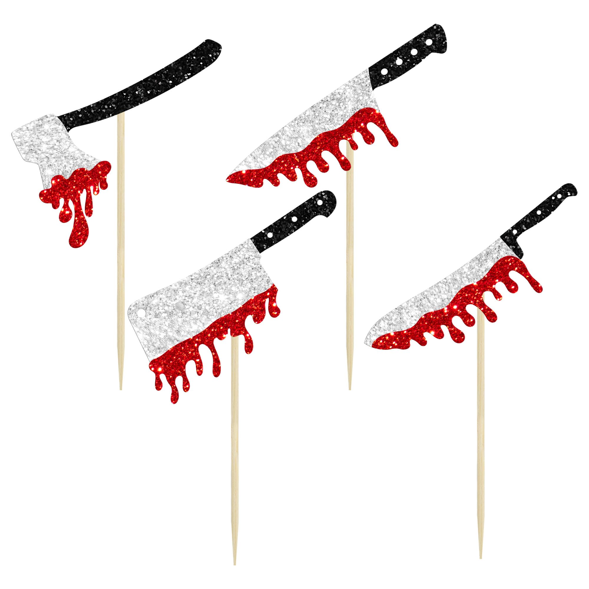 24Pcs Halloween Cupcake Toppers Glitter Horror Blood Knife Cupcake Picks Killer Birthday Cake Decorations for Halloween Blood Knife Theme Birthday Party Supplies