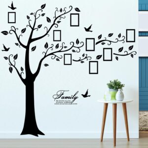 Large Family Photo Tree Wall Sticker 3D Peel and Stick Vinyl Photo Frame Tree Wall Decals Removable Quotes Leaf and Birds Wall Decor for Home Kids Bedroom Living Room Classroom Nursery (Right, Black)