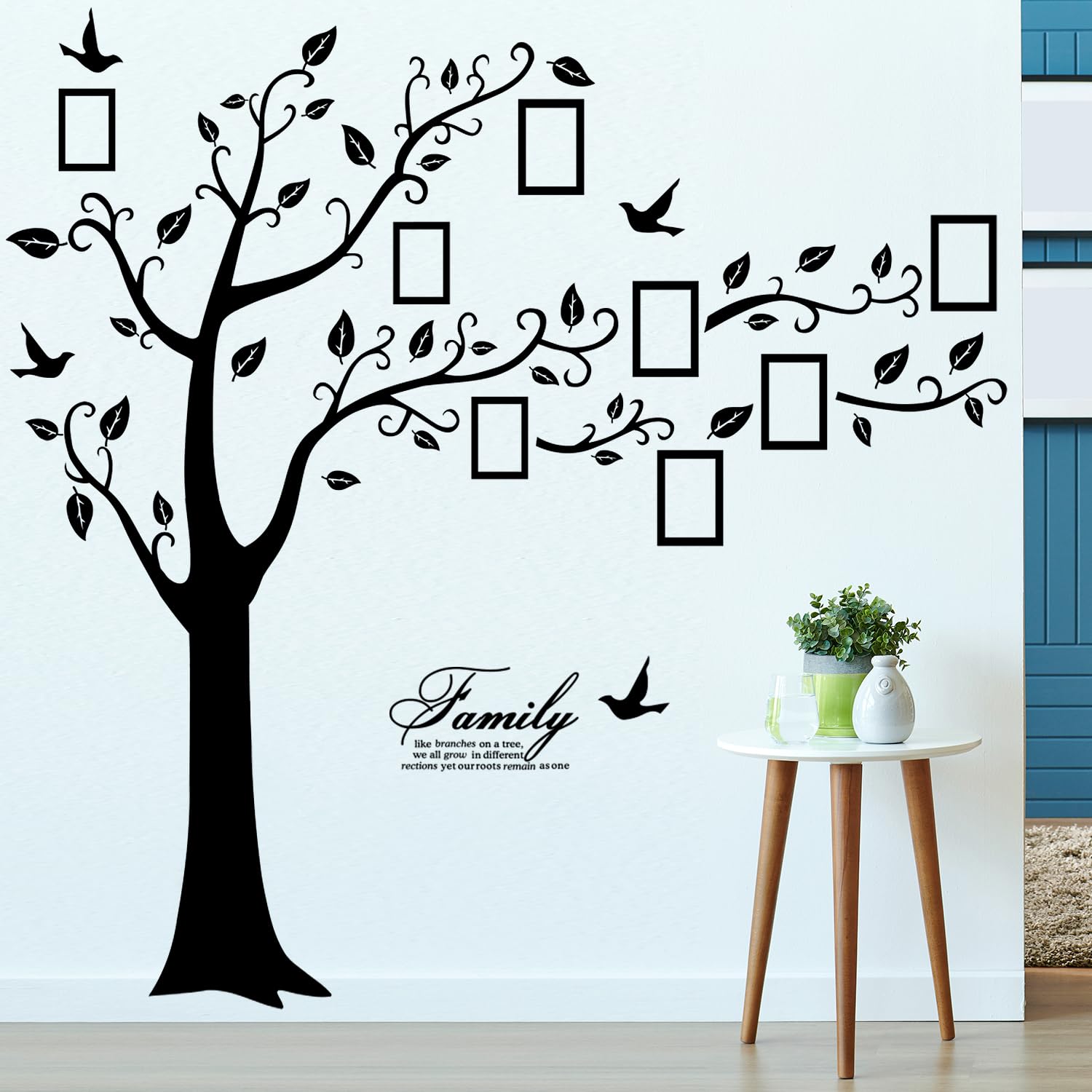 Large Family Photo Tree Wall Sticker 3D Peel and Stick Vinyl Photo Frame Tree Wall Decals Removable Quotes Leaf and Birds Wall Decor for Home Kids Bedroom Living Room Classroom Nursery (Right, Black)