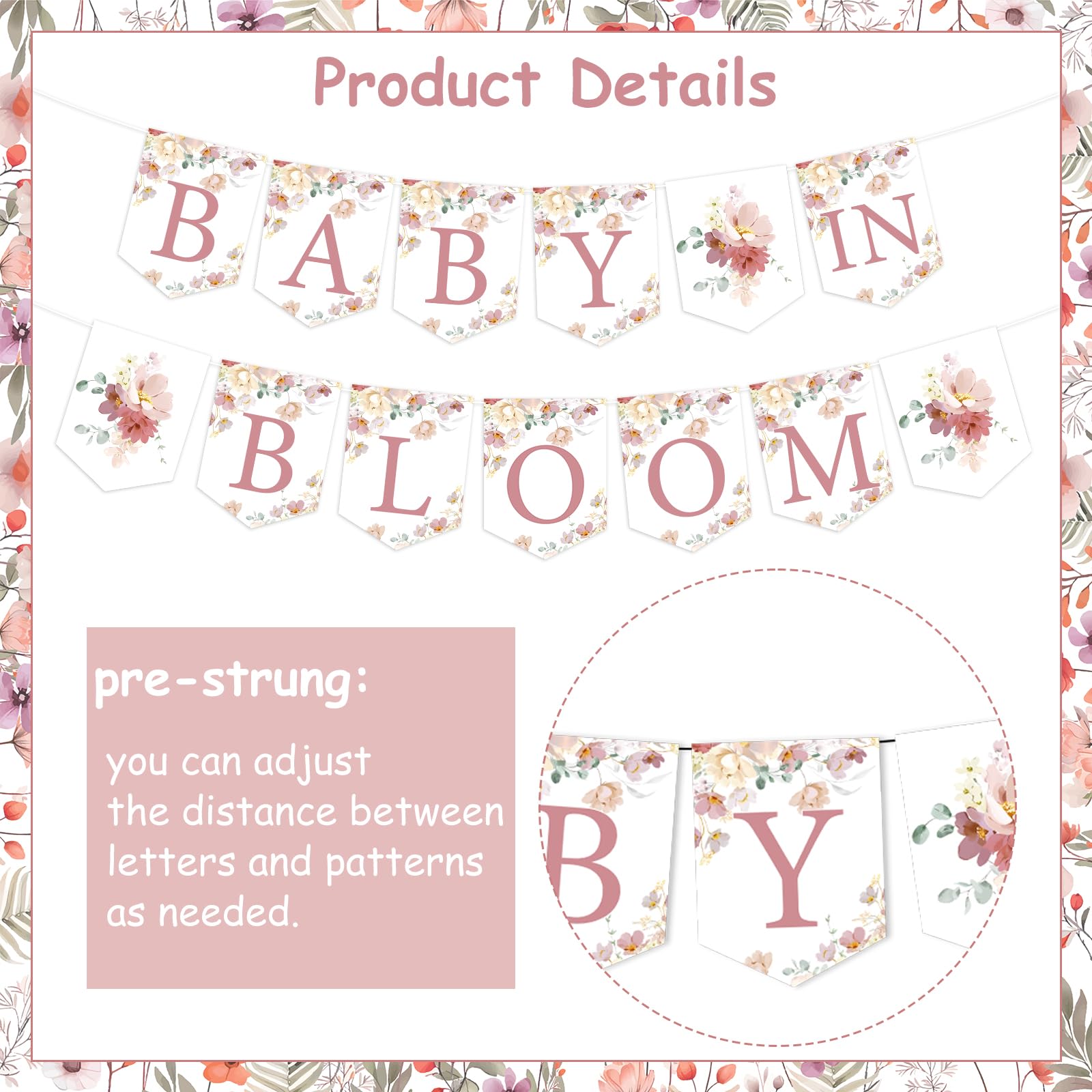 Baby in Bloom Baby Shower Decorations Girl - Floral Baby in Bloom Banner, Pre-Strung Flowers Baby Shower Banner for Wildflowers Boho Baby Shower Gender Reveal Birthday Party Supplies