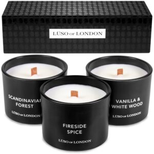 lüso of london - black scented mens candles for home, 3 candles for men presented in a striking black gift box. the perfect candle set of manly candles for men. black candle gifts for men