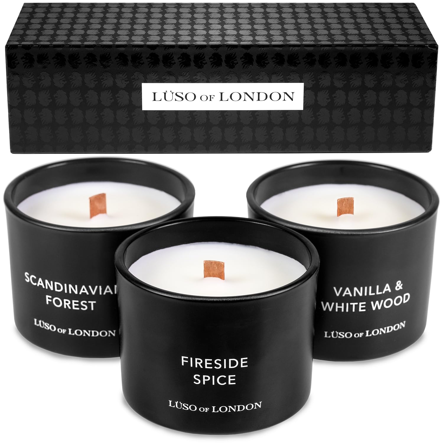 Lüso of London - Black Scented Mens Candles for Home, 3 Candles for Men Presented in a Striking Black Gift Box. The Perfect Candle Set of Manly Candles for Men. Black Candle Gifts for Men