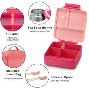 Bento Lunch Box for Kids with 8oz Soup Thermo&Lunch Bag, Leak-Proof Lunch Food Containers with 4 Compartment, Hot Food Insulated Food Jar for Kids School (Pink)