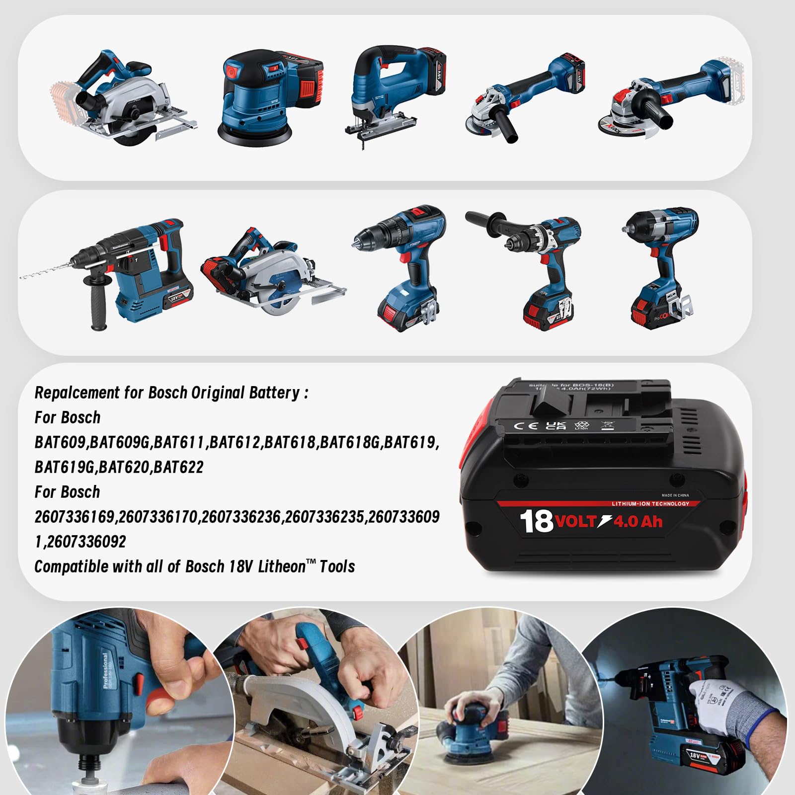 wowrmaykay Replacement for Bosch 18V Battery 4.0Ah Lithium ion Rechargeable Bateria Compatible with Bosch Tools BAT609 Batteries
