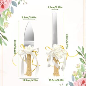 woodounai 2 Pcs Wedding Cake Knife and Server Set Wedding Cake Toppers Rustic Style Cake Cutting Set for Wedding with Burlap Flower Design (Flower)