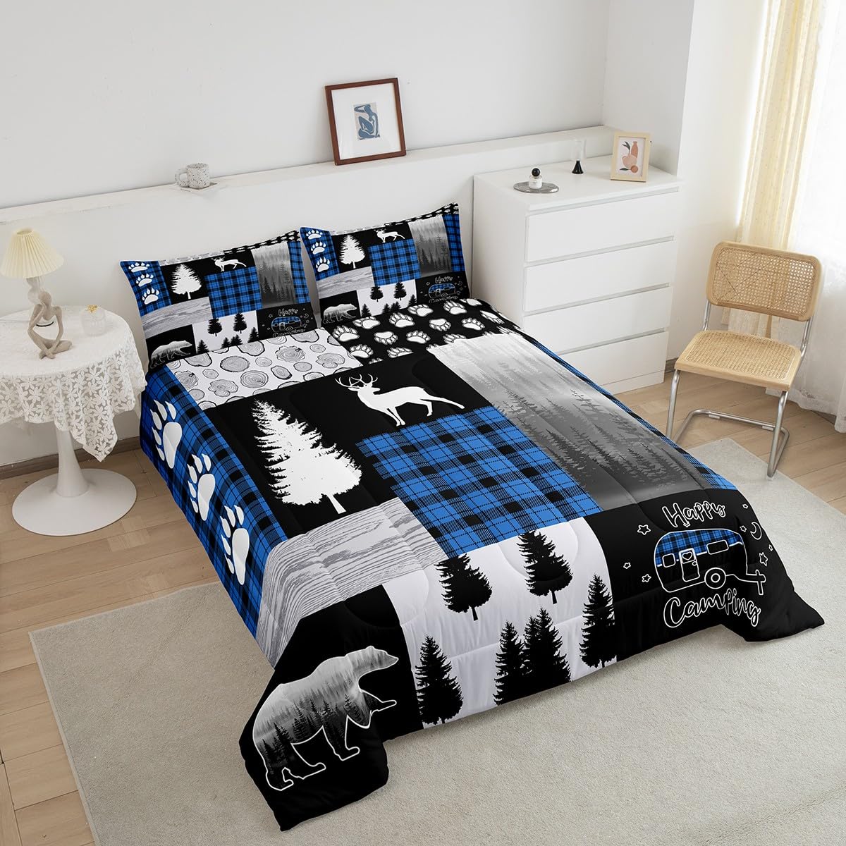 Deer Kids Comforter Set Full Size,Bear Hunting Woodland Rustic Cabin Bedding Set for Boys Girls Adult,Camping Adventure Geometric Plaid Patchwork Down Comforter,Pine Tree Xmas Duvet Insert Blue Black