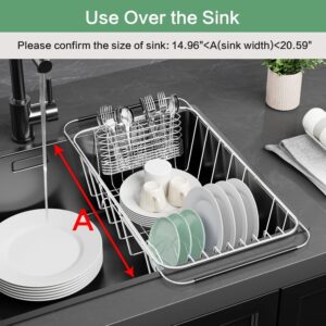 Fanbsy Small Dish Drainer Rack in Sink Adjustable, Expandable Stainless Steel Metal Dish Drying Rack Organizer with Stainless Steel Utensil Holder Over Inside Sink Counter, Rustproof(for 1-2 People)