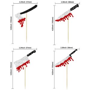 24Pcs Halloween Cupcake Toppers Glitter Horror Blood Knife Cupcake Picks Killer Birthday Cake Decorations for Halloween Blood Knife Theme Birthday Party Supplies