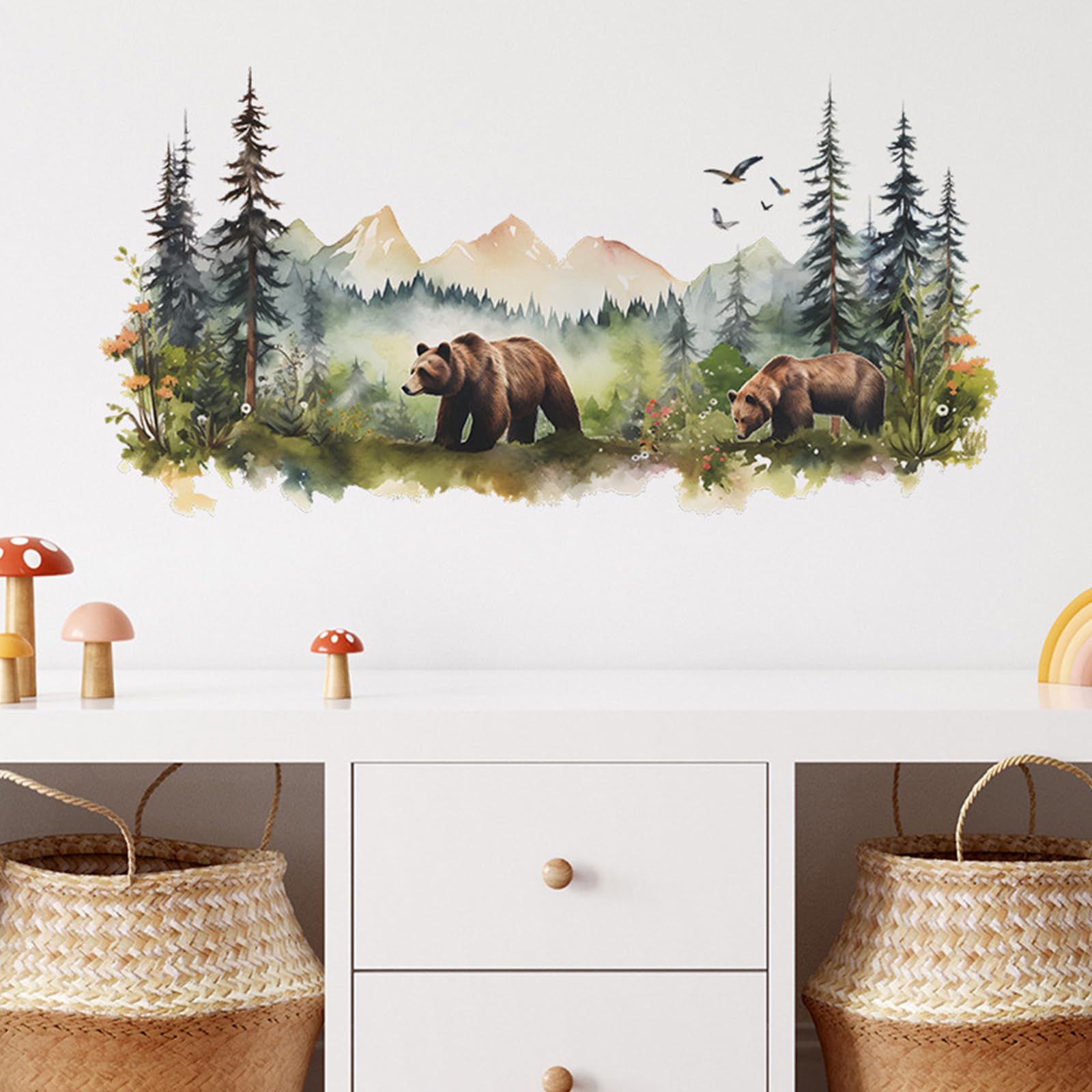 Annande Bear Wall Decals Mountain Wall Decal Woodland Nursery Decor Forest Wallpaper for Kids Baby Nursery Playroom Bedroom Classroom Kindergarten Wall Decor