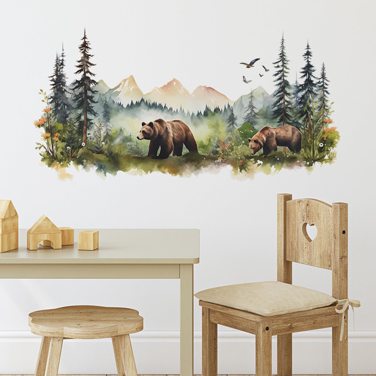 Annande Bear Wall Decals Mountain Wall Decal Woodland Nursery Decor Forest Wallpaper for Kids Baby Nursery Playroom Bedroom Classroom Kindergarten Wall Decor