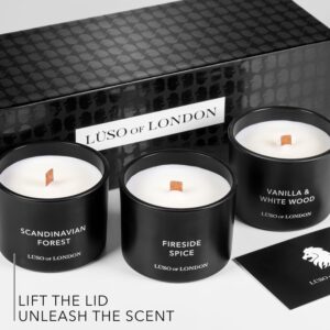 Lüso of London - Black Scented Mens Candles for Home, 3 Candles for Men Presented in a Striking Black Gift Box. The Perfect Candle Set of Manly Candles for Men. Black Candle Gifts for Men