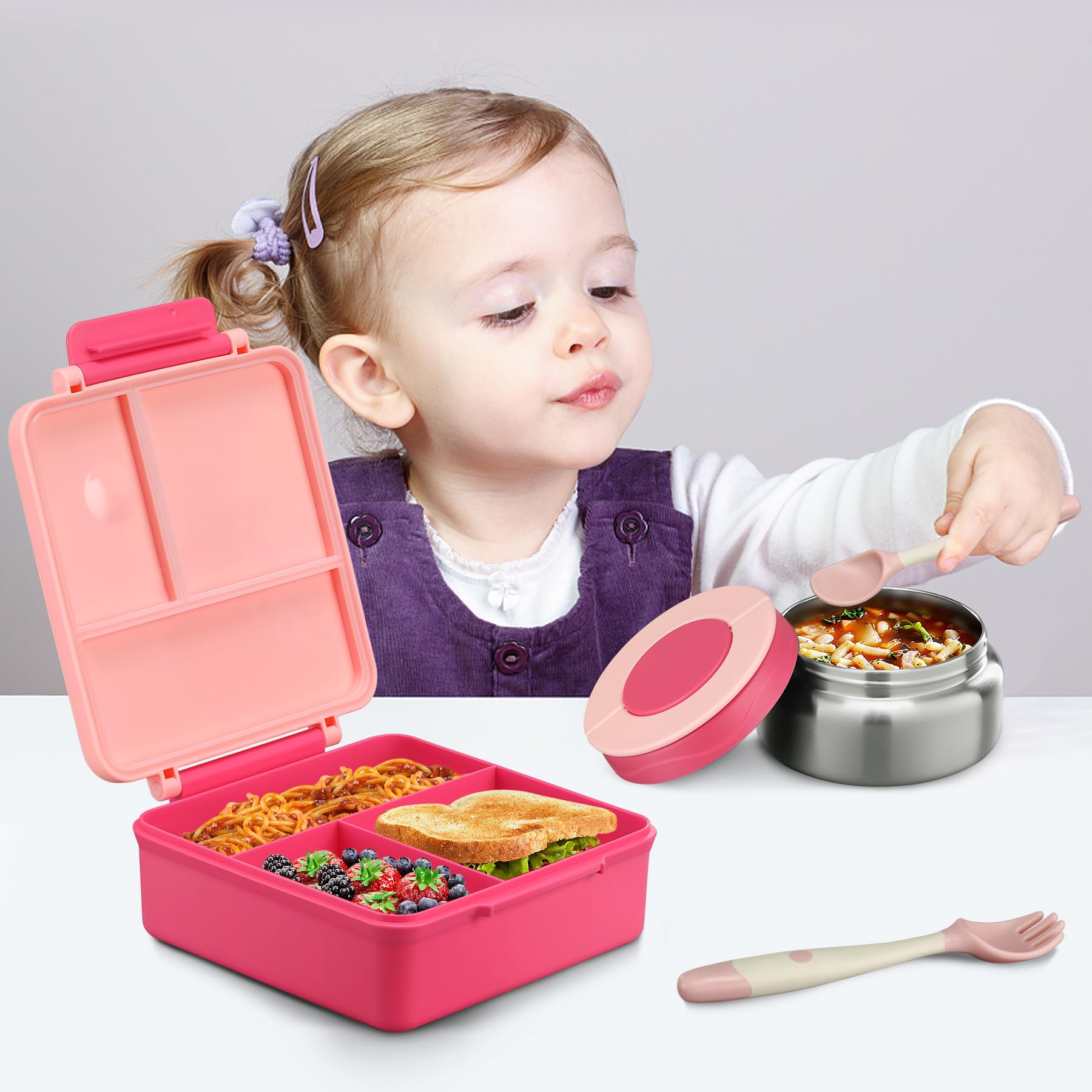 Bento Lunch Box for Kids with 8oz Soup Thermo&Lunch Bag, Leak-Proof Lunch Food Containers with 4 Compartment, Hot Food Insulated Food Jar for Kids School (Pink)