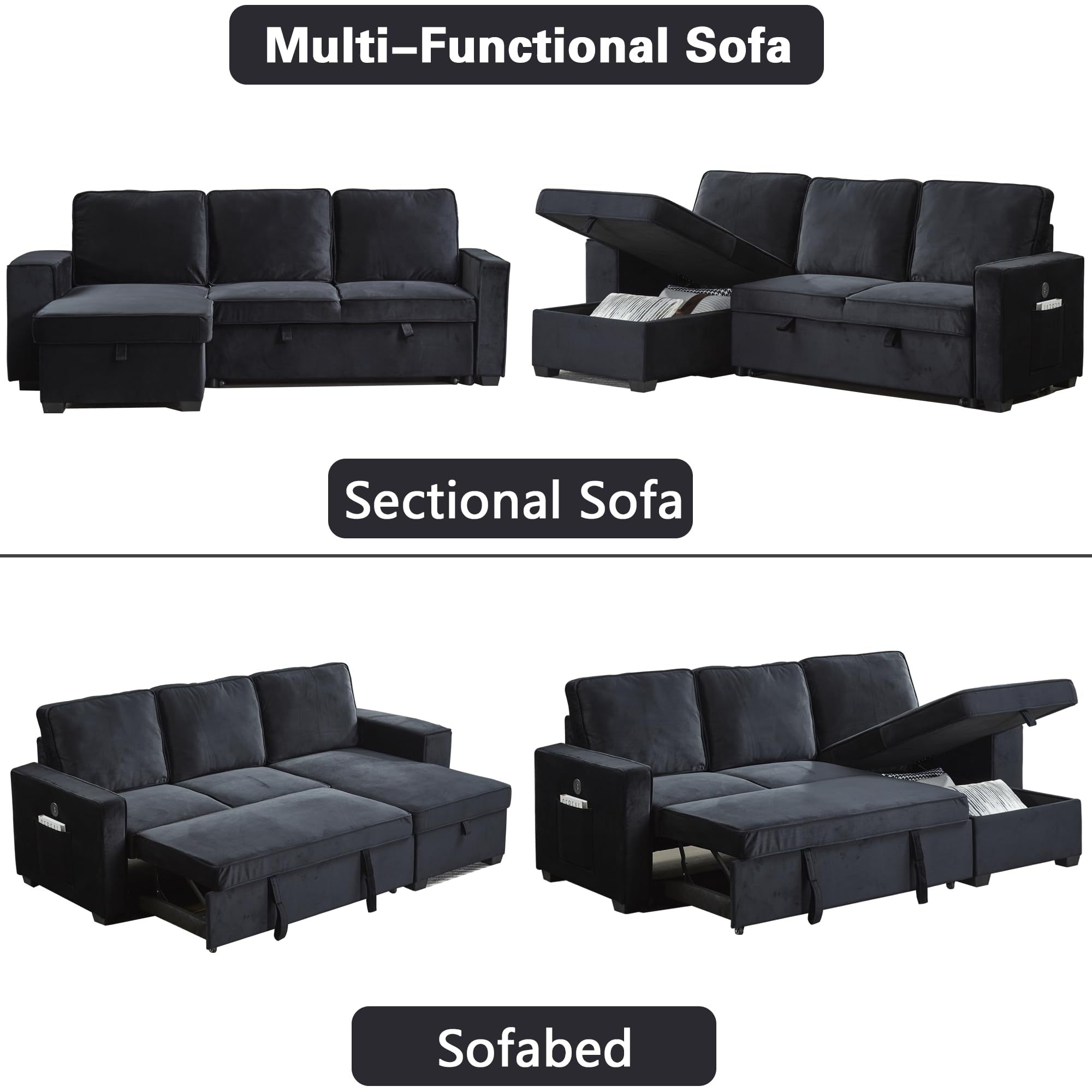 INSTORY Mid-Century Modern Velvet Sofa Sectional L-Shaped Sofa Pull Out SofaBed Convertible Sleeper Sofa Bed with Storage Chaise & USB for Living Room - Black