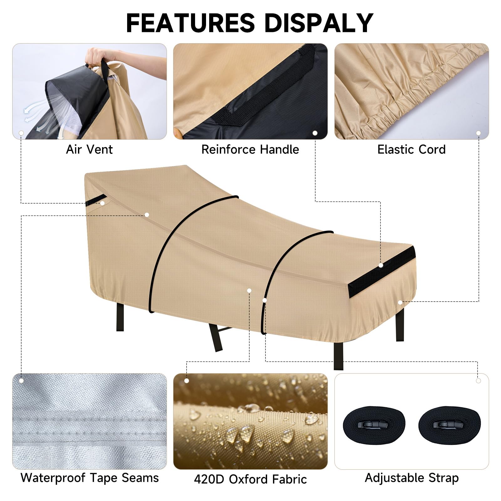 NEVERLAND Waterproof Patio Lounge Chair Cover, Outdoor Chaise Lounge Covers with Heavy Duty Material, 420D Waterproof Outdoor Chairs Cover 76L x 32W x 32H inch Golden (2 PACK)