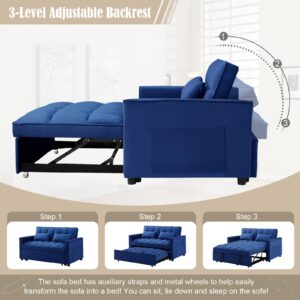 3 in 1 Convertible Sleeper Sofa Couch with Pull Out Bed,55" Velvet Upholstered Futon Sofa Bed,Modern Loveseat Sleeper Chaise with Adjustable Backrest for Living Room, Guest Room, Apartment(Blue)