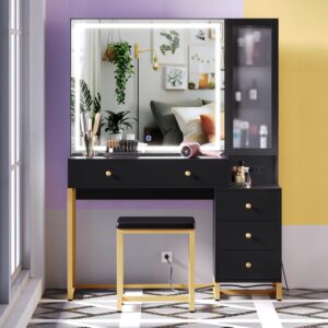 Wildhome Vanity Set with Lighted Mirror and Charging Station, Extra Large Mirror Makeup Vanity Table with Cushioned Stool,5 Drawers, Modern Vanity Table with Nightstand (Black, Large)