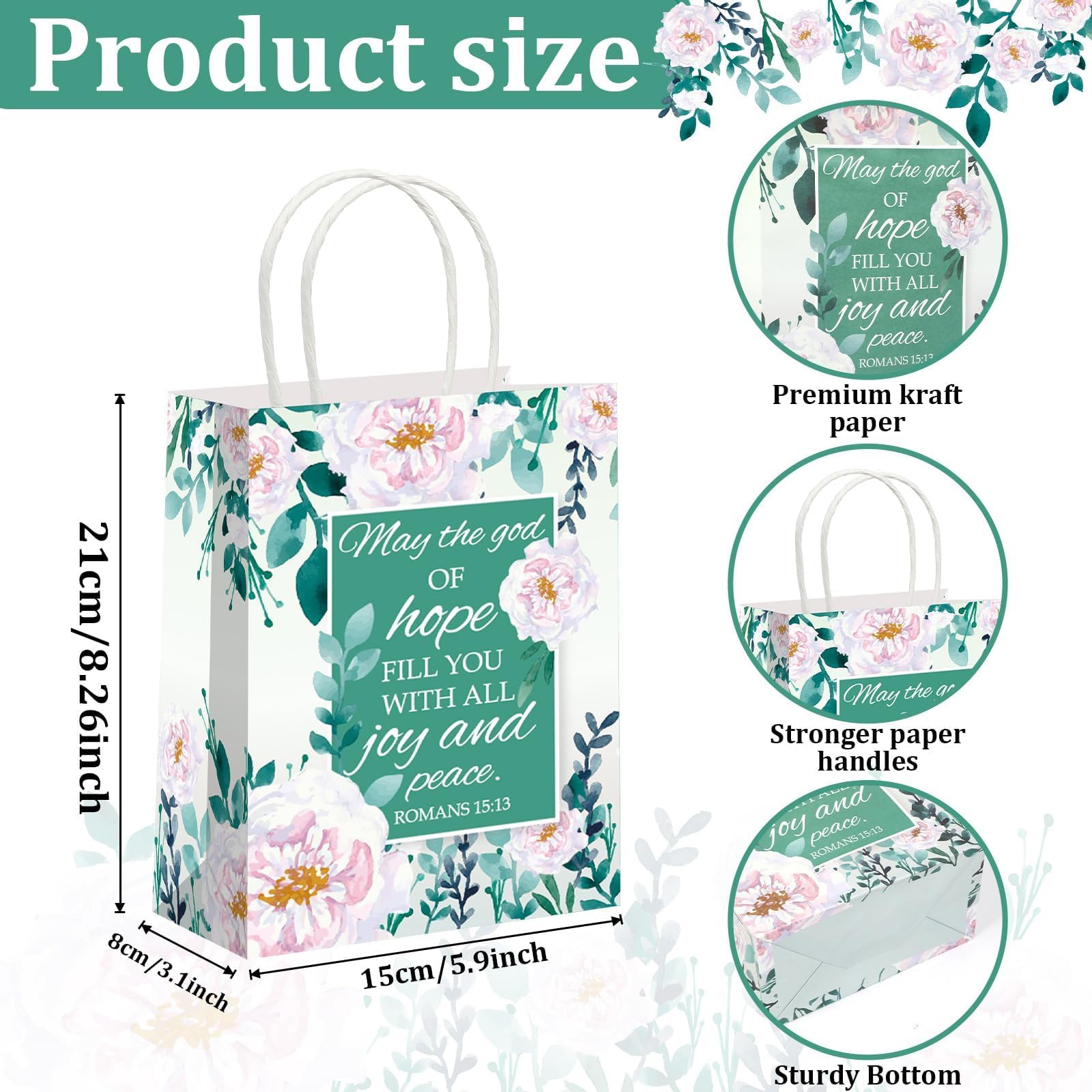 24 Pcs Religious Gift Bags Bible Gift Paper Bags with 24 Tissues Bible Verse Paper Bags with Handles Inspirational Flower Christian Gift Bags for Girls Birthday Wedding Party Baptism Spring Favors