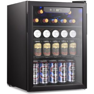 joy pebble beverage refrigerator cooler,95 can mini fridge with glass door for beer soda wine, small drink fridge with adjustable thermostat, beverage fridge for bar home office,2.6cu.ft