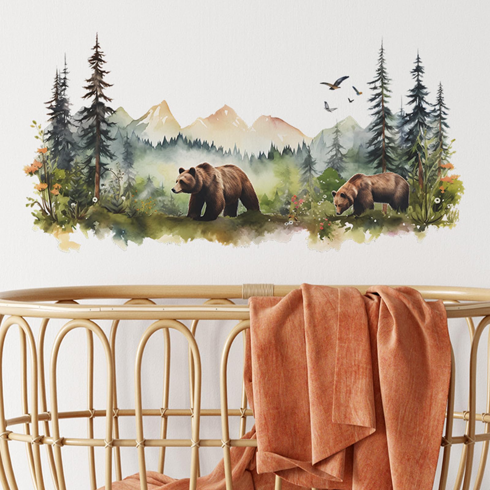 Annande Bear Wall Decals Mountain Wall Decal Woodland Nursery Decor Forest Wallpaper for Kids Baby Nursery Playroom Bedroom Classroom Kindergarten Wall Decor