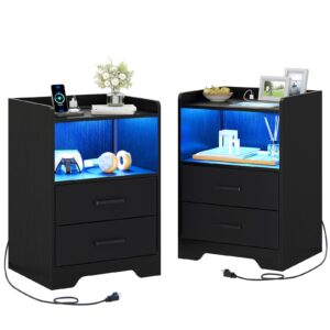 hasuit night stand set of 2 with led lights and charging station, modern bedside end table with 2 fabric storage drawers, black nightstands for bedroom