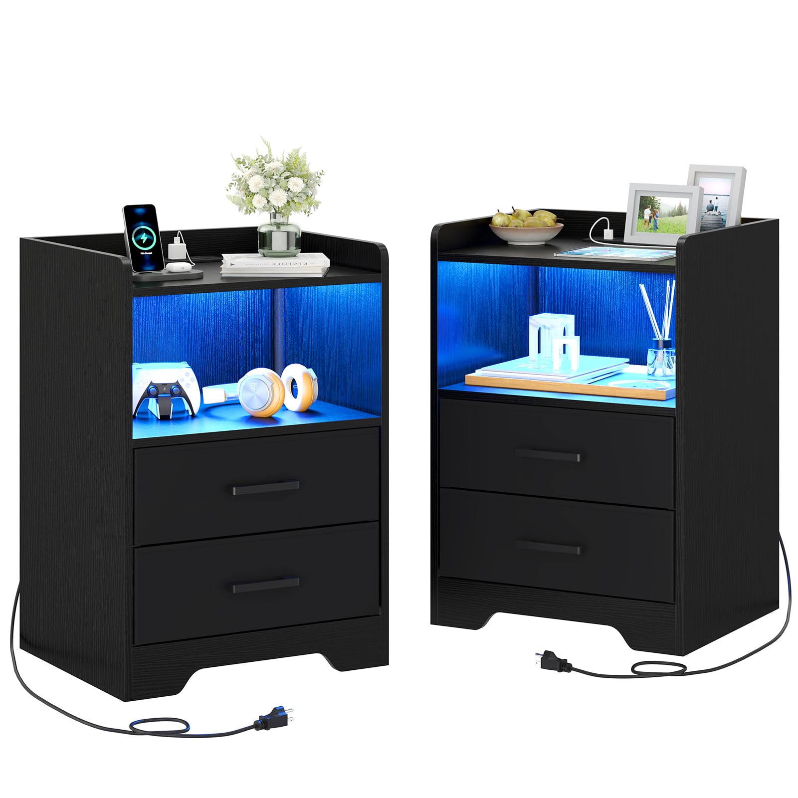 Hasuit Night Stand Set of 2 with LED Lights and Charging Station, Modern Bedside End Table with 2 Fabric Storage Drawers, Black Nightstands for Bedroom