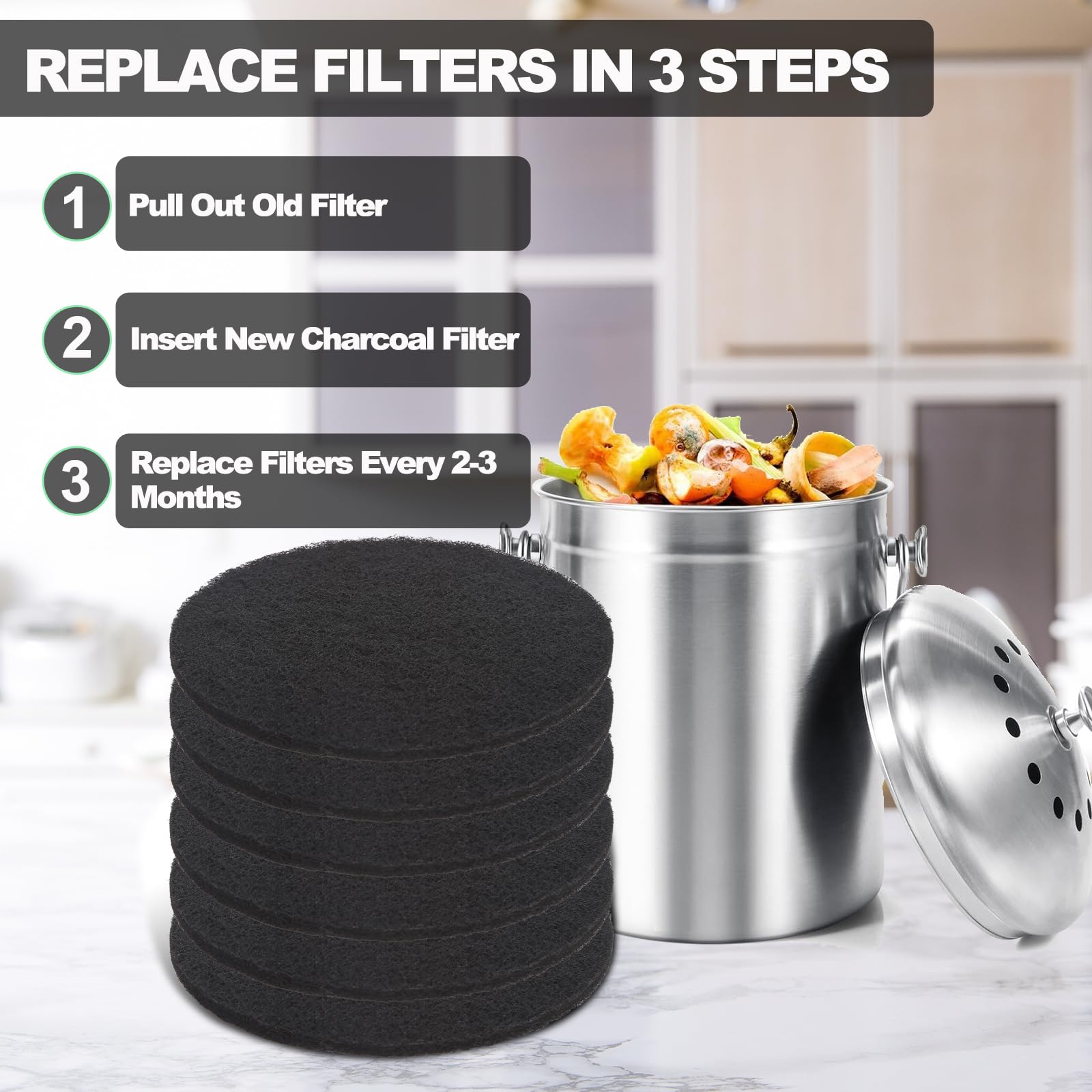 Charcoal Filters for Kitchen Compost Bin, 6 Pack Filters for Compost Pails Countertop Bin Replacement, Activated Charcoal Home Bucket Refill Sets, Round 6.7 Inch