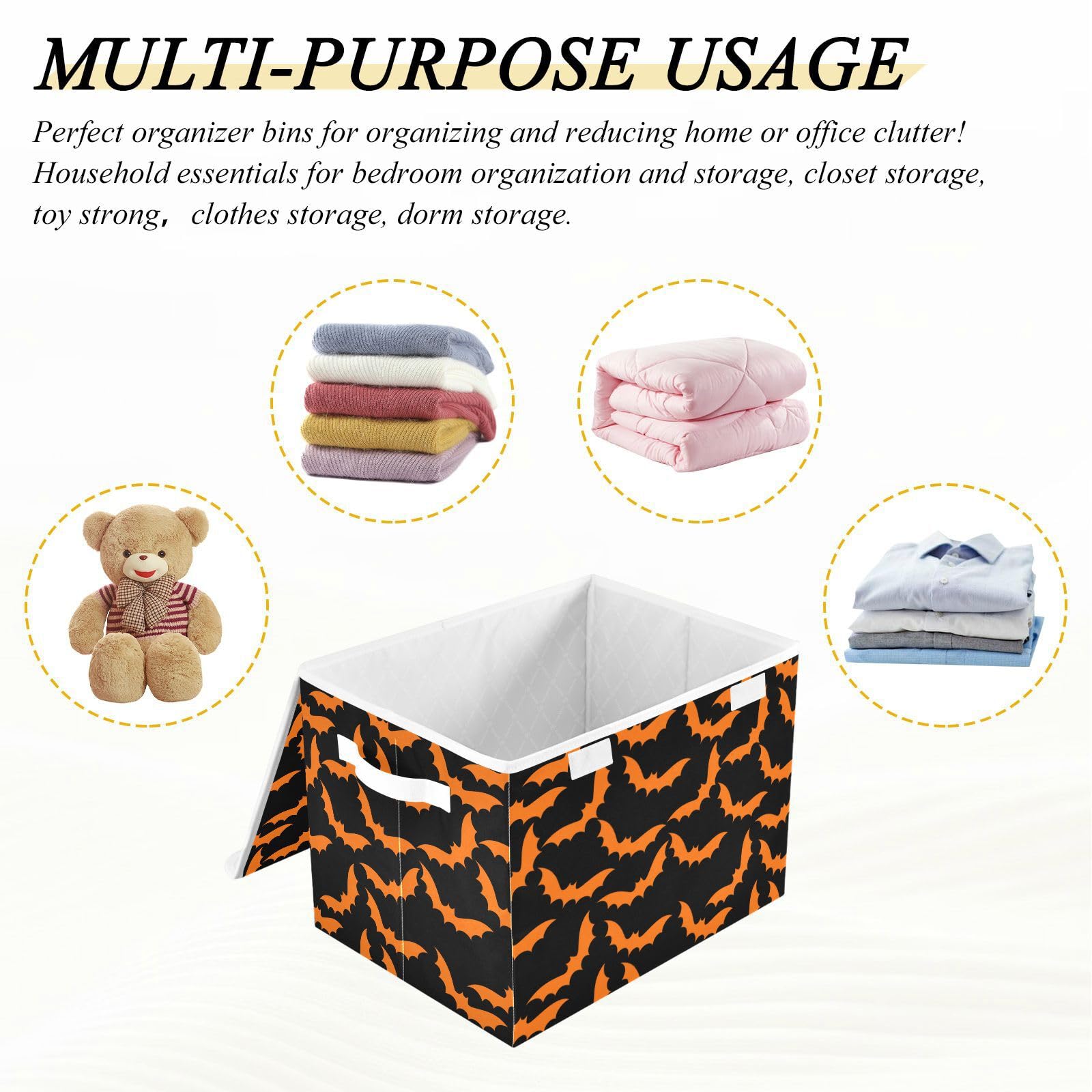 Storage Bins with Lid Orange Bat Halloween Black Toys Fabric Storage Basket Large Collapsible Organizers Bedroom Storage Boxes Cubes and Handles for Clothes Office Shelves