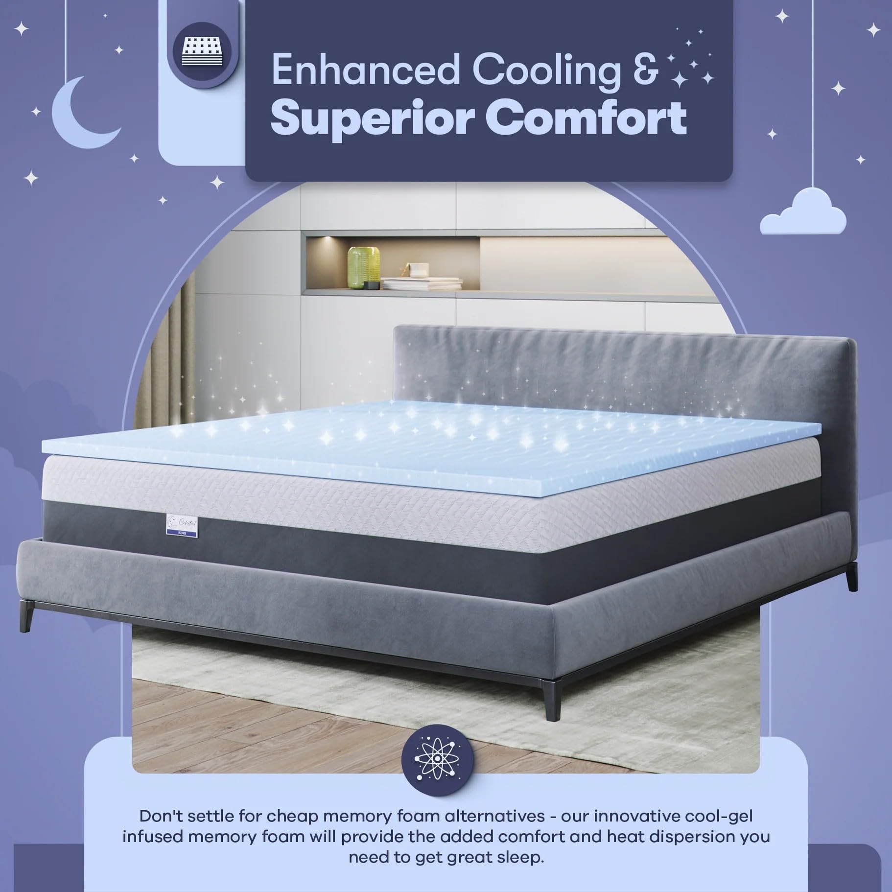 Celestial Sleep Memory Foam Mattress Topper, Cool Gel Infused, CertiPUR-US, 2 inch Medium Soft - King