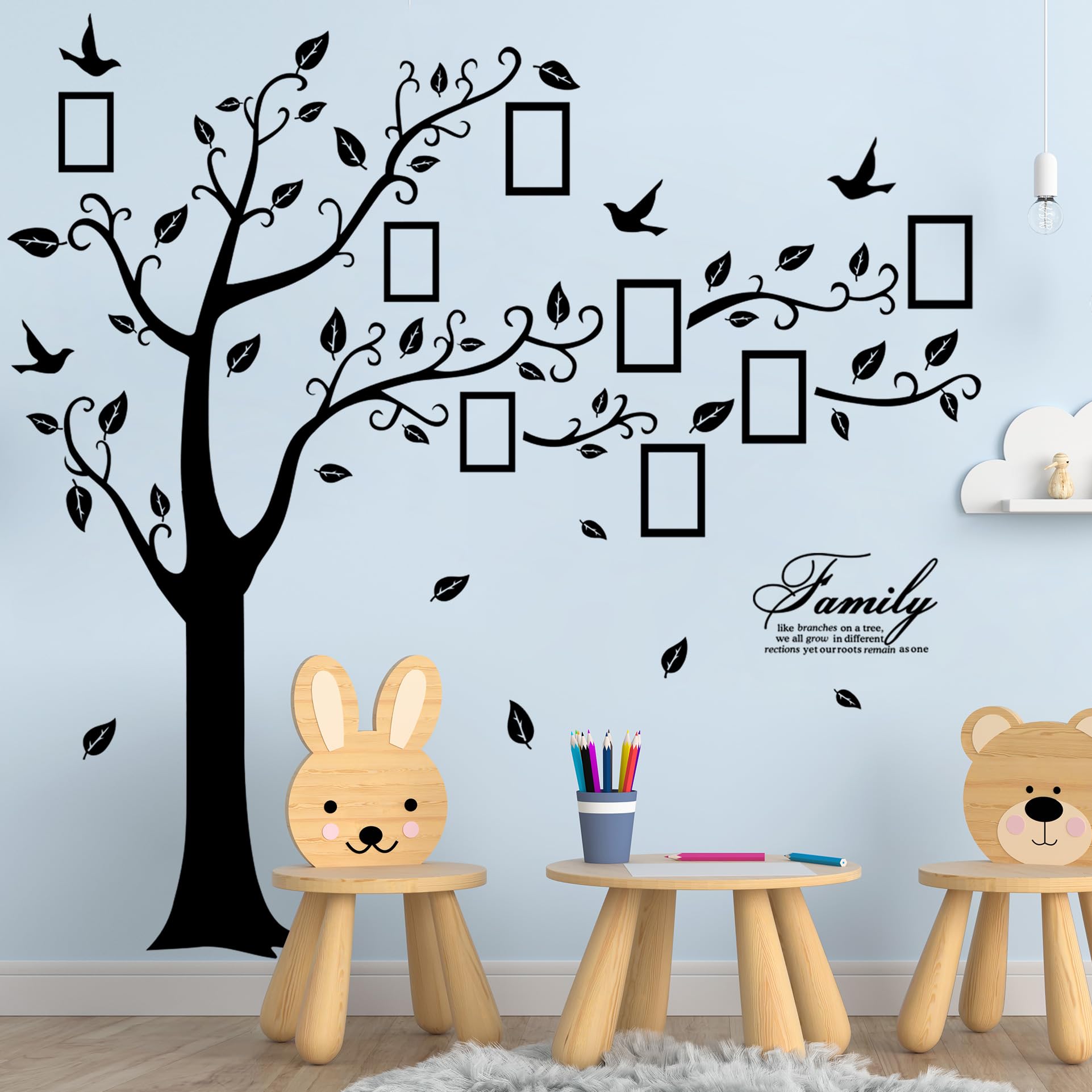 Large Family Photo Tree Wall Sticker 3D Peel and Stick Vinyl Photo Frame Tree Wall Decals Removable Quotes Leaf and Birds Wall Decor for Home Kids Bedroom Living Room Classroom Nursery (Right, Black)