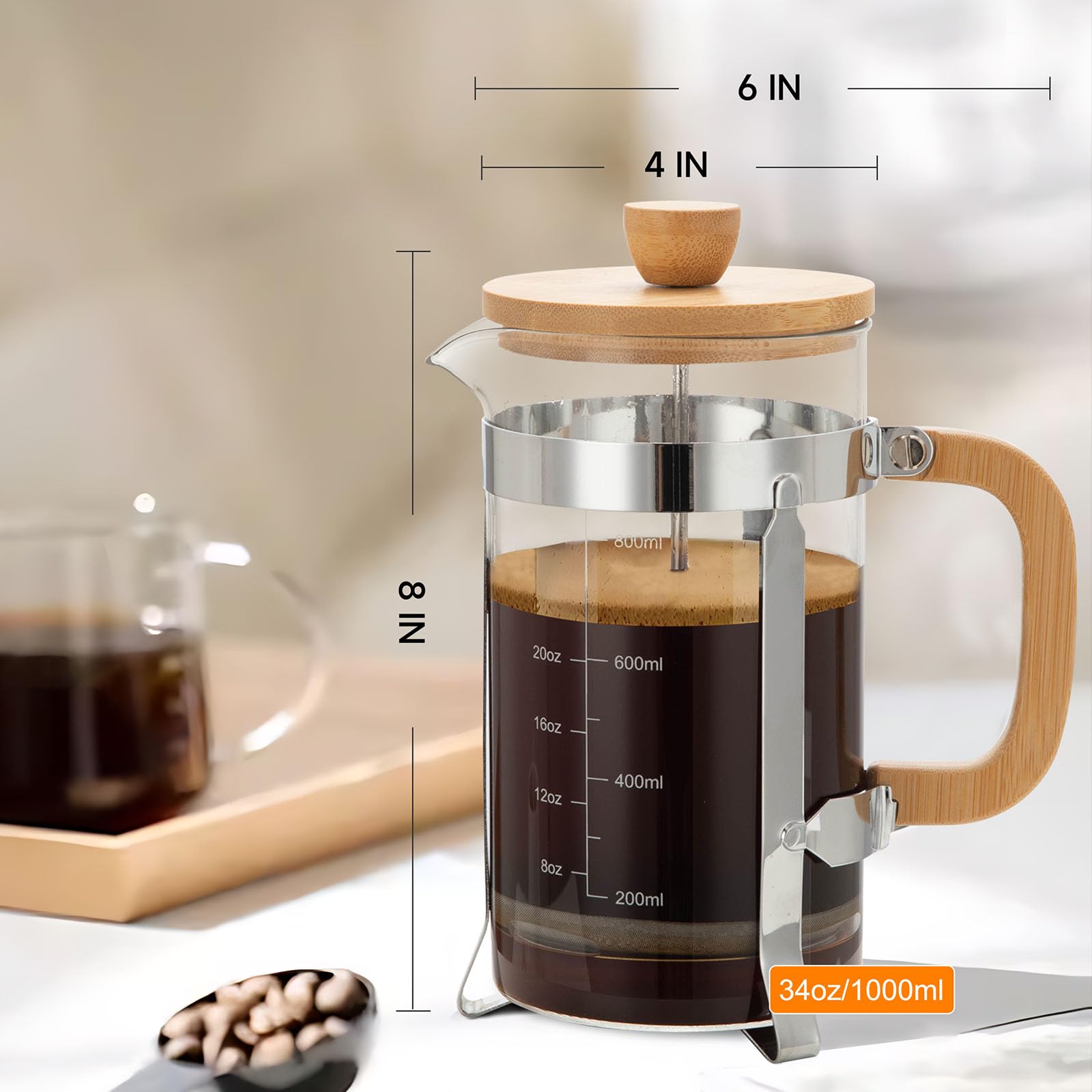 YMMIND 34 Ounces French Press Coffee Maker, Durable Bamboo Lid Handle Coffee Press, 4 Filters System, Heat Resistant Thickness Borosilicate Glass Beaker, BPA-Free Tea Pot Coffee Plunger