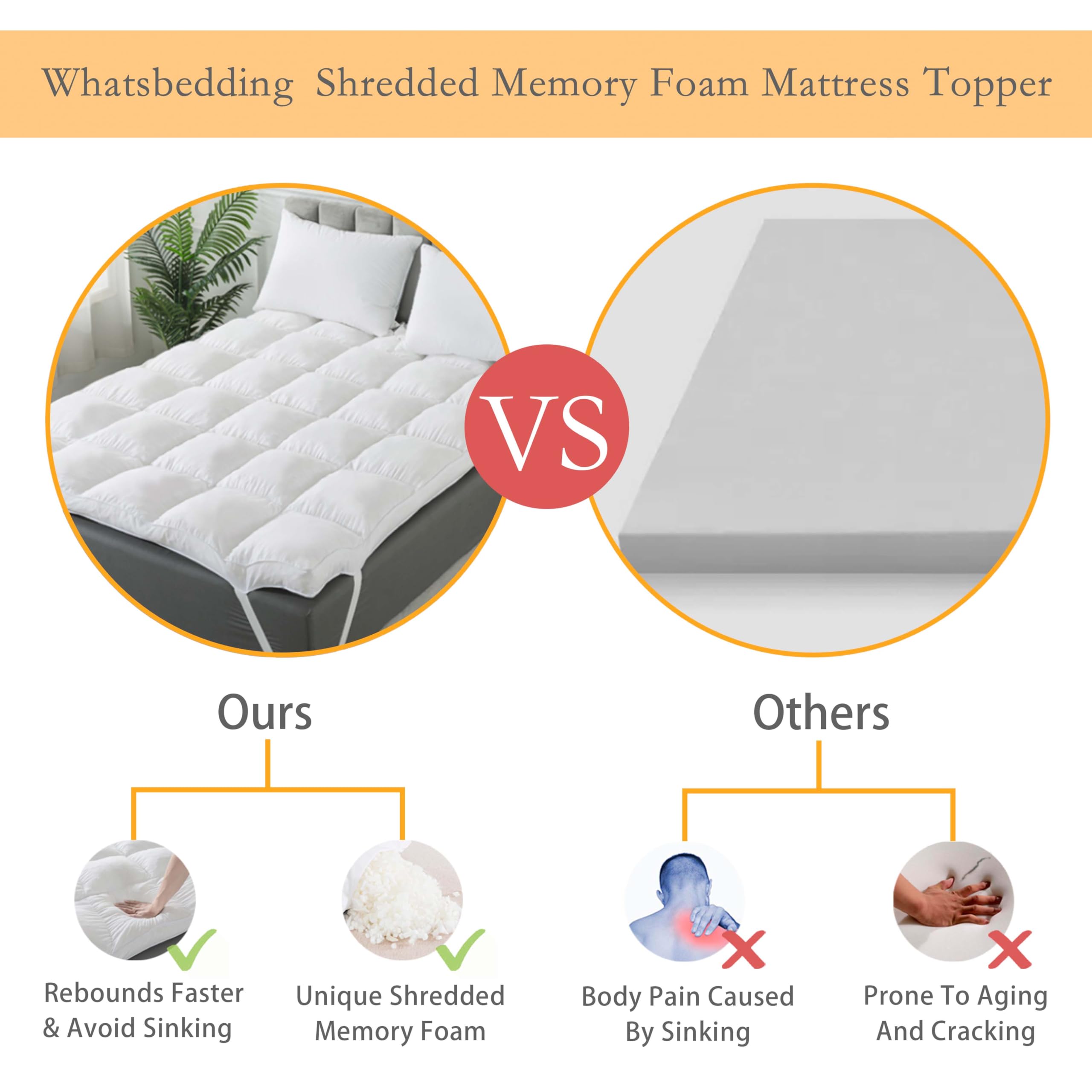 WhatsBedding 3 Inch Memory Foam Mattress Topper Queen Size for Pressure Relief, Premium Fluffy & Soft Shredded Memory Foam Filled Pillow Top, Anti-Slip Bottom, 4 Anchor Elastic Bands, 60x80