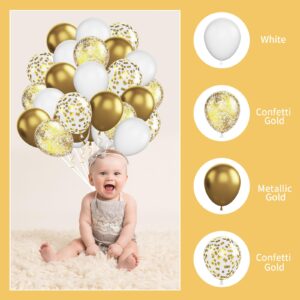 GREMAG White and Gold Balloons, 12inch Metallic Gold White Confetti Gold Balloon Kit with Ribbons, 60Pcs Latex Balloons for Birthday Wedding Engagement Bridal Shower Anniversary Graduation Baby Shower