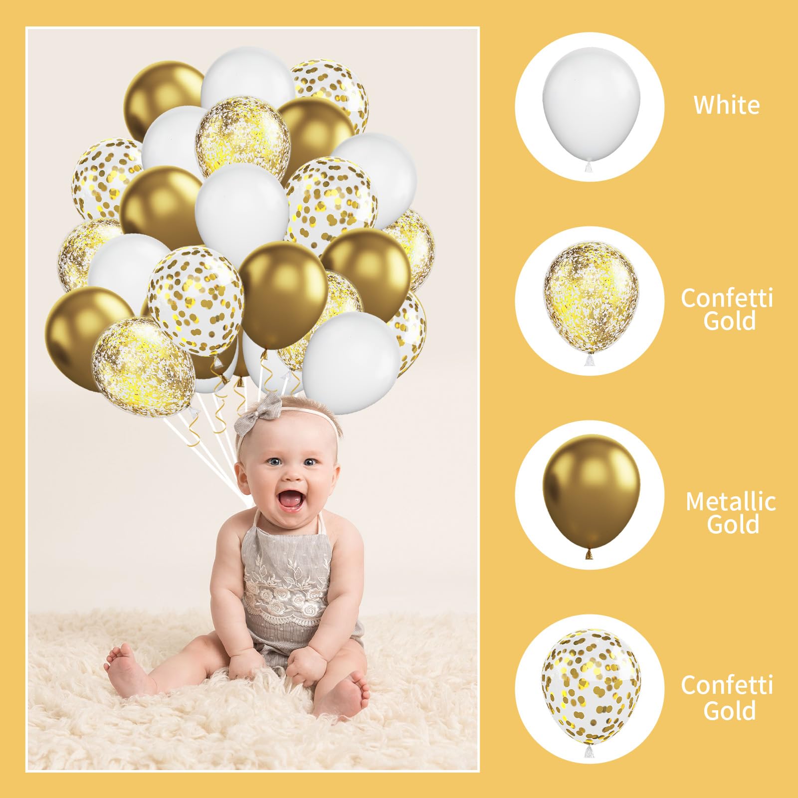 GREMAG White and Gold Balloons, 12inch Metallic Gold White Confetti Gold Balloon Kit with Ribbons, 60Pcs Latex Balloons for Birthday Wedding Engagement Bridal Shower Anniversary Graduation Baby Shower