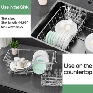 Fanbsy Small Dish Drainer Rack in Sink Adjustable, Expandable Stainless Steel Metal Dish Drying Rack Organizer with Stainless Steel Utensil Holder Over Inside Sink Counter, Rustproof(for 1-2 People)