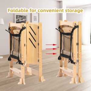 Foldable Toddler Kitchen Step Stool with 5-Level Height Adjustment，with Keeper and Graffiti Drawing Board .Wooden Toddler Tower for Toddlers Over 18 Months Old .（Natural）