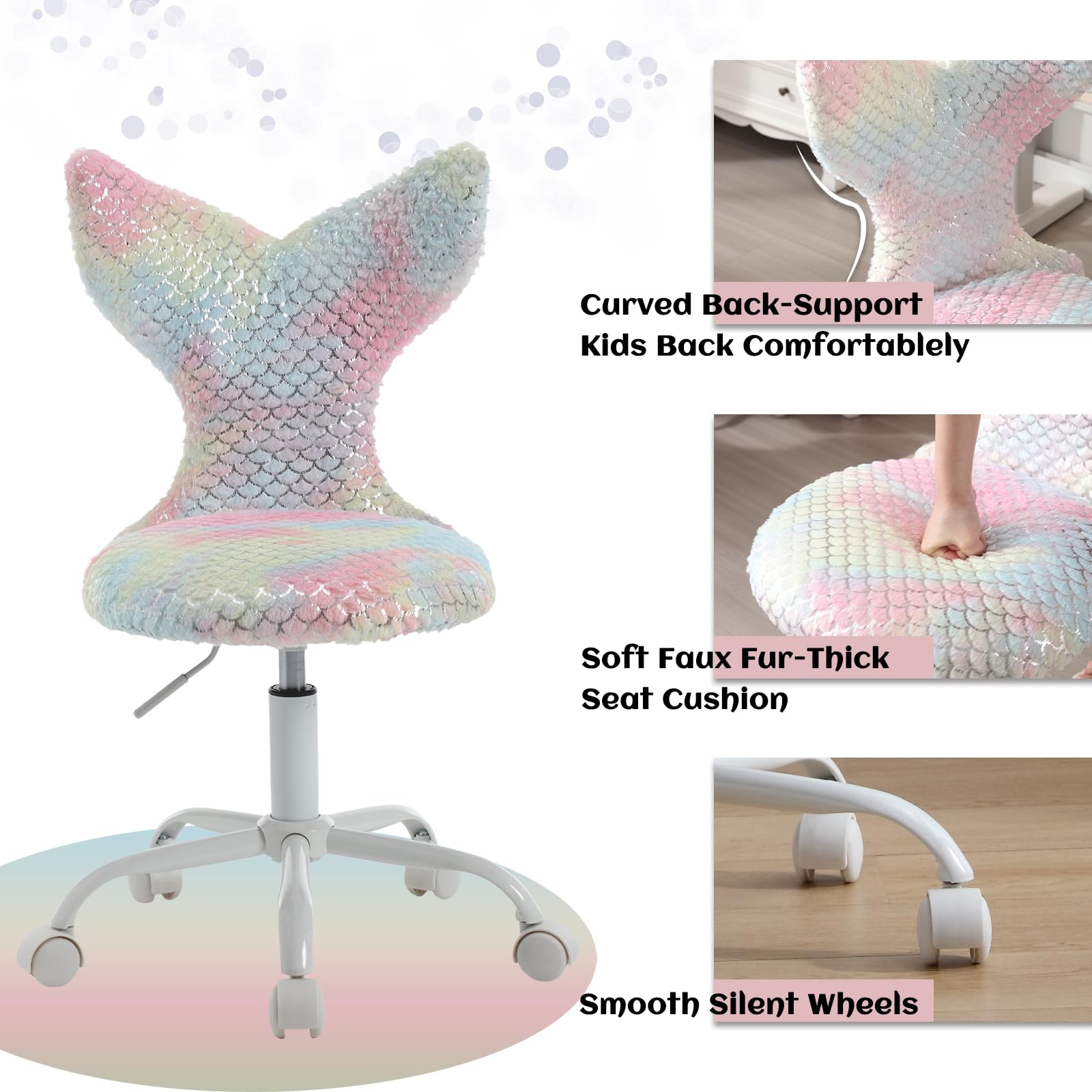 Guyou Cute Fuzzy Desk Chair for Kids/Girls/Boys, Mermaid Kids Study Chair Fluffy Children’s Swivel Chair with Wheels and Adjustable Height for Computer/Bedroom/Study Room Reading (Light Colorful)