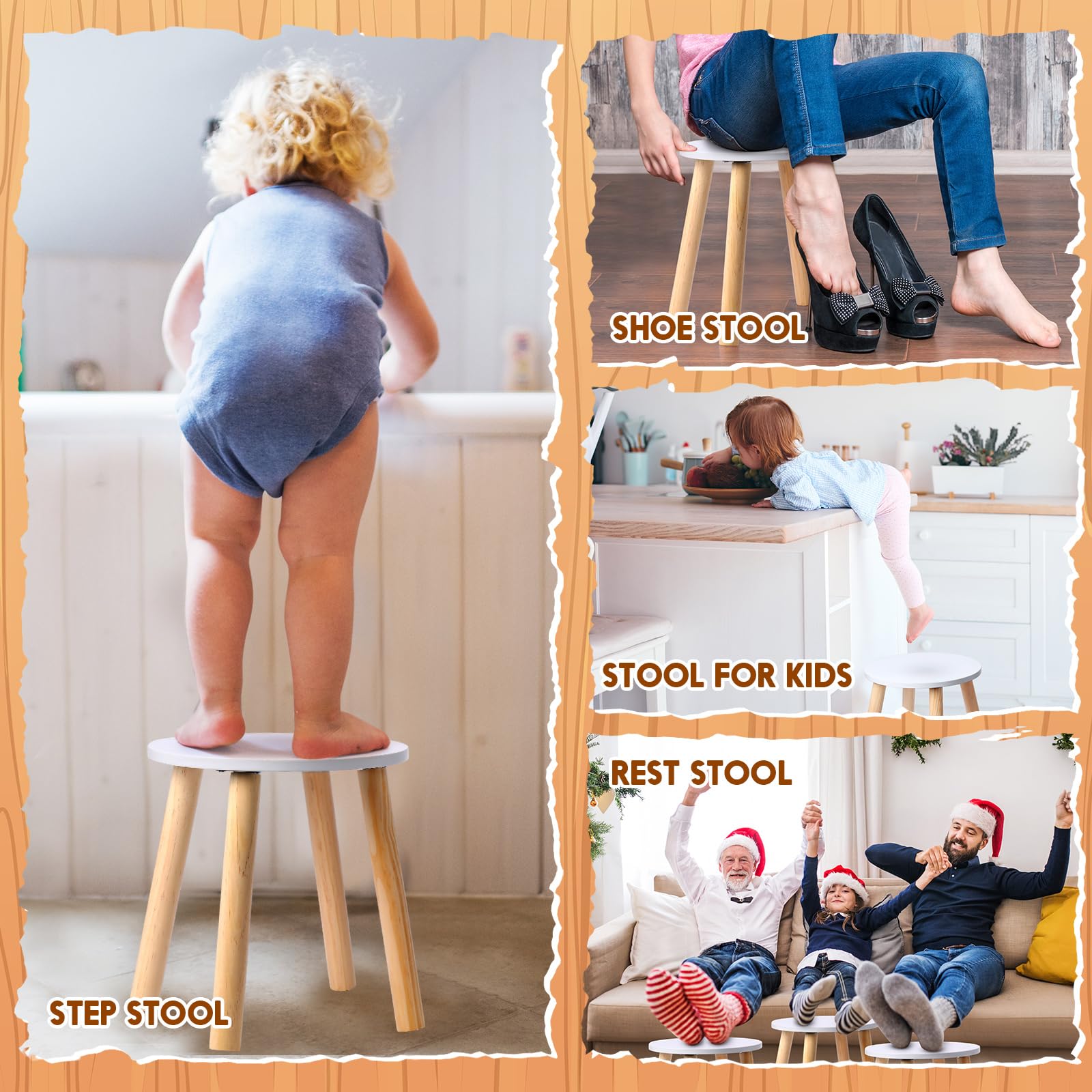 Wenqik 4 Wooden Stool Sitting 10.3 Inch 4 Legged Small Wooden Step Stool Solid Hard Wood Cute Milking Stool Sturdy Wooden Chair for Bedroom Playroom Furniture