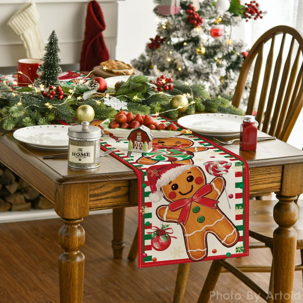 Artoid Mode Gingerbread Candy Cane Christmas Table Runner, Seasonal Winter Kitchen Dining Table Decoration for Home Party Decor 13x72 Inch