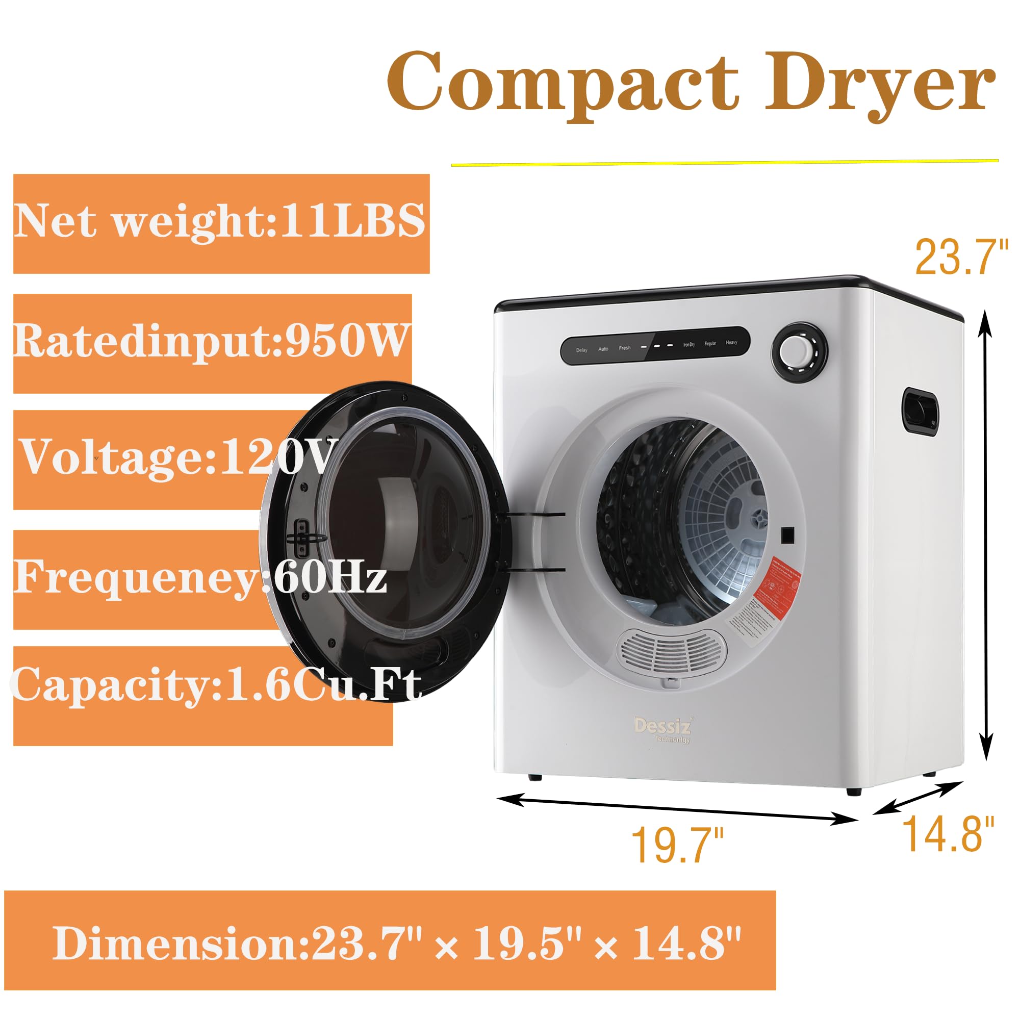 Dessiz Digital Control Compact Laundry Dryer - 11lbs Capacity, Portable Clothes Dryer Machine for Small Spaces, RVs and Apartments -White Quiet, Sturdy and Easy to Use