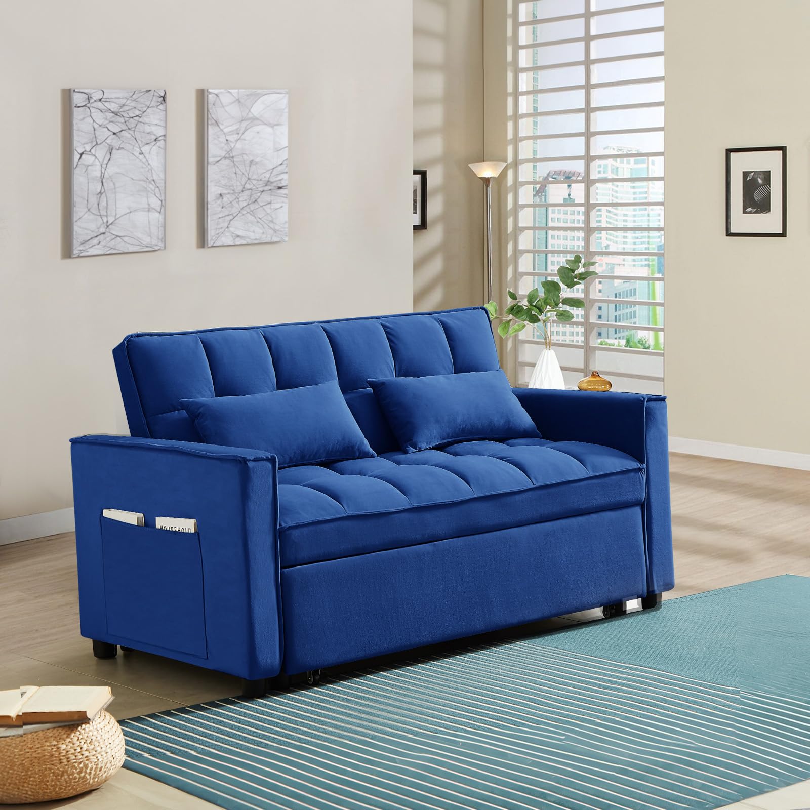 3 in 1 Convertible Sleeper Sofa Couch with Pull Out Bed,55" Velvet Upholstered Futon Sofa Bed,Modern Loveseat Sleeper Chaise with Adjustable Backrest for Living Room, Guest Room, Apartment(Blue)