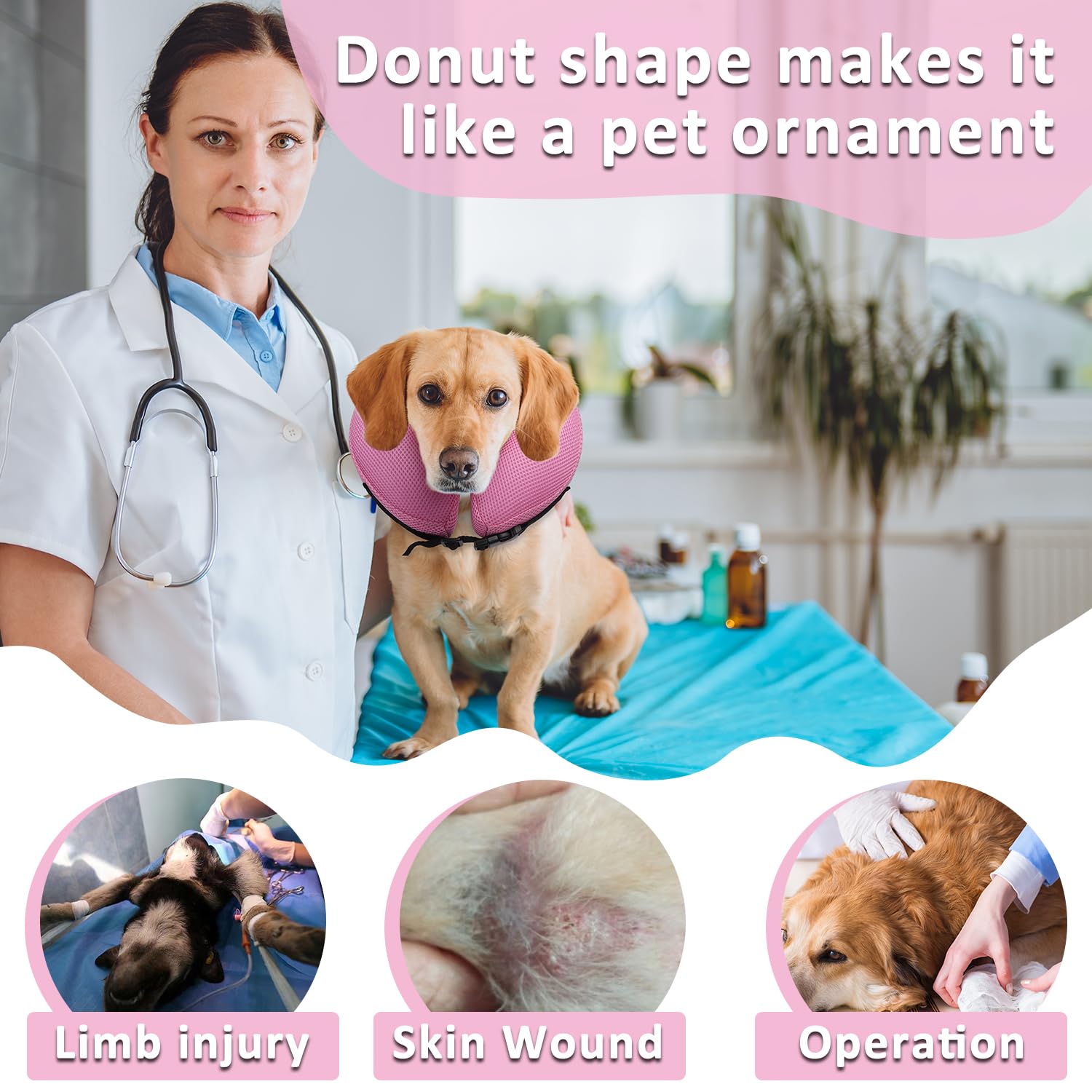 Winmily Dog Donut Collar,Breathable Soft Inflatable Dog Cone Collar for Large Medium Small Dogs Cats Alternatives After Surgery,E Collar,Elizabethan Collar for Dogs Recovery-Pink