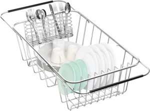 fanbsy small dish drainer rack in sink adjustable, expandable stainless steel metal dish drying rack organizer with stainless steel utensil holder over inside sink counter, rustproof(for 1-2 people)