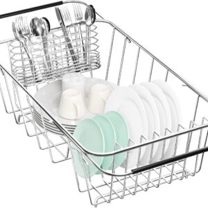 Fanbsy Small Dish Drainer Rack in Sink Adjustable, Expandable Stainless Steel Metal Dish Drying Rack Organizer with Stainless Steel Utensil Holder Over Inside Sink Counter, Rustproof(for 1-2 People)