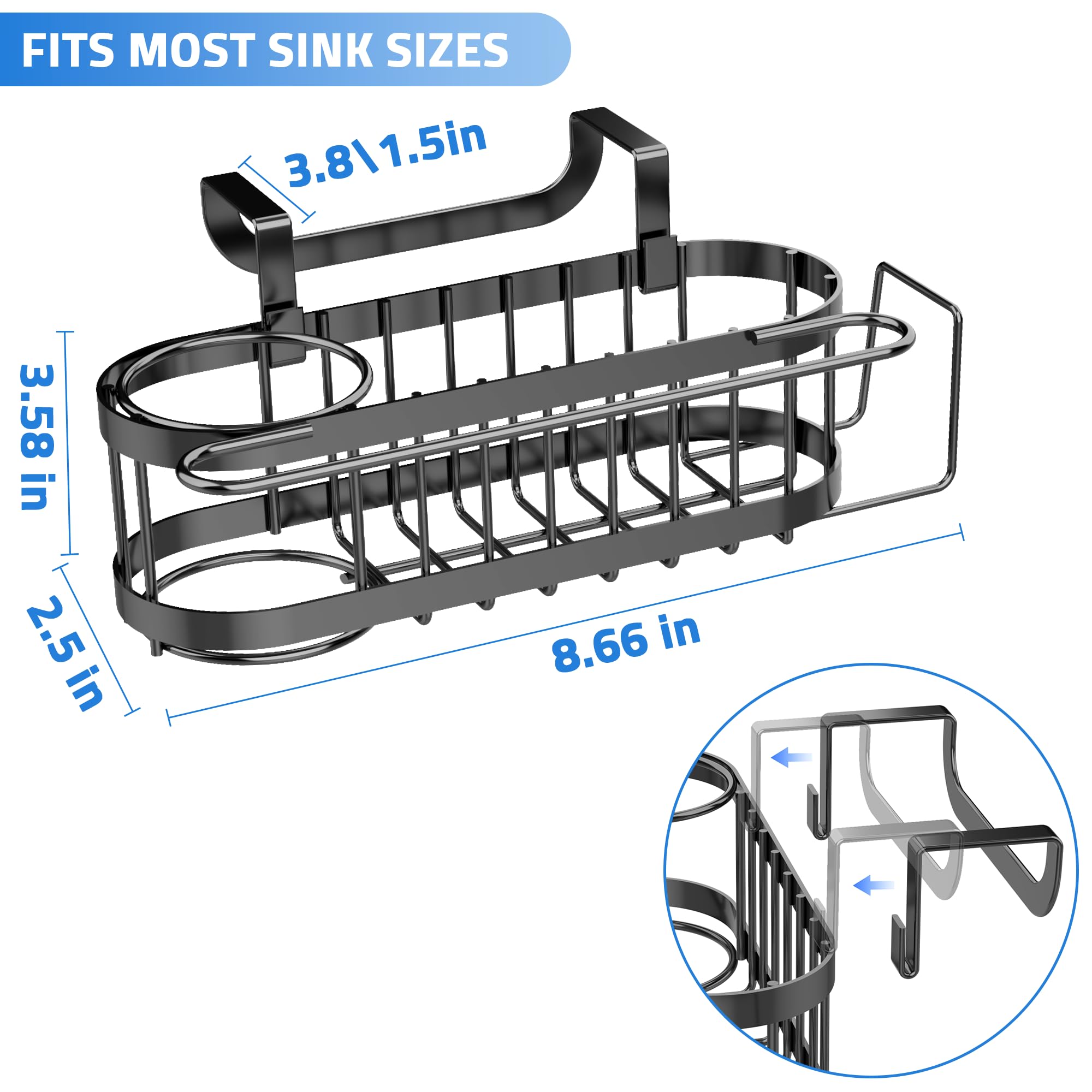 Cisily 3-in-1 Sponge Holder for Kitchen Sink Caddy (Hanging&Adhesive), Stainless Steel Movable Brush Holder + Dish Cloth Hanger, Hanging Sink Caddy Organizer, in Sink Organizer Accessories Rack