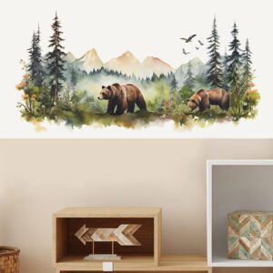 Annande Bear Wall Decals Mountain Wall Decal Woodland Nursery Decor Forest Wallpaper for Kids Baby Nursery Playroom Bedroom Classroom Kindergarten Wall Decor