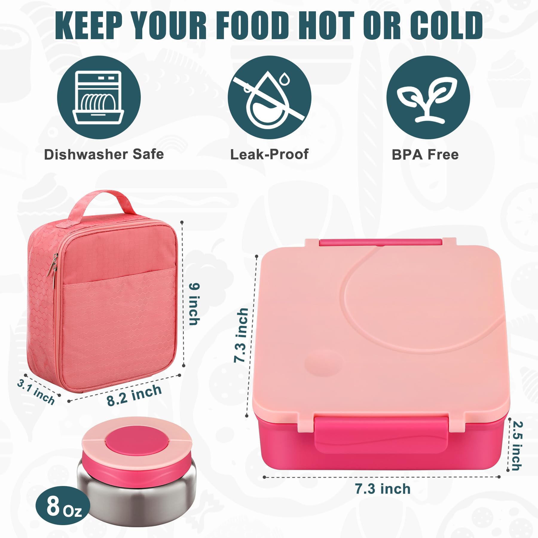 Bento Lunch Box for Kids with 8oz Soup Thermo&Lunch Bag, Leak-Proof Lunch Food Containers with 4 Compartment, Hot Food Insulated Food Jar for Kids School (Pink)